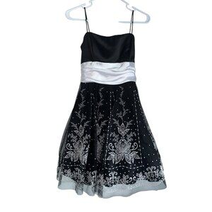 Vintage Blondie Nites Sleeveless Prom Mini Dress Sz 9 Black White Floral Tulle